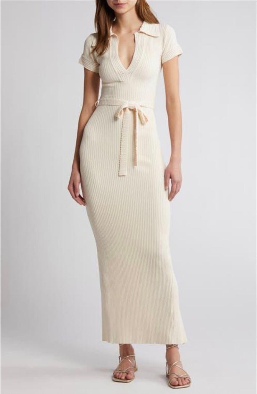 Joie Ribbed Knit Maxi Midi Dress Cream Belted Collared Side Slit Size Medium